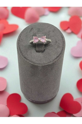 925 Ayar Gümüş Pembe Taşlı Fiyonk Figürlü Yüzük Sevimli Ve Zarif Tasarım Gümüş