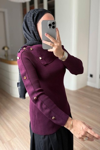 Kahijab Asimetrik Yaka Truvakar Kol Triko Bluz - Mürdüm