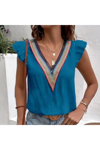 Yaz V Yaka Dantel Kelebek Kollu Kadın Bluz Zarif Rahat Kadın Beyaz Gömlek Moda Zarif Kolsuz Blusas Tops 25803 Orion Çok Renkli