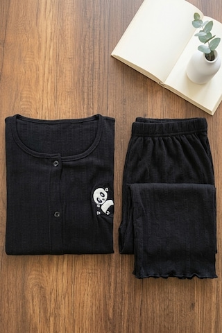 Mataş Kadın Ayıcık Desenli Bambu Viskon Kısa Kollu Yumuşak Soft Örme Pijama Takımı Siyah