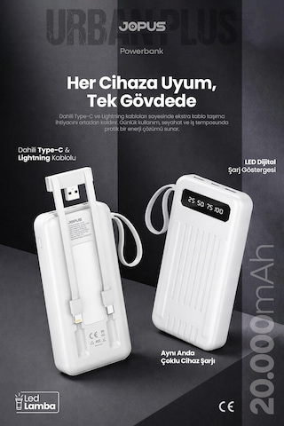 Jopus 20000mah Powerbank Dahili Kablolu, Lcd Ekranlı, Led Lambalı, Taşınabilir Şarj Cihazı Beyaz