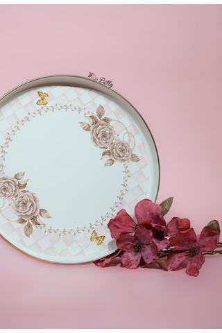 Rosadora Emaye Çay Tepsisi Dekoratif Vintage Servis Tepsisi Pembe