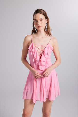 Holly Lolly Fırfır Detaylı Şifon Mini Sorento Elbise Pembe