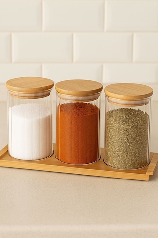 Qerhome Borosilikat Cam Bambu Stantlı Ve Bambu Kapaklı Optik Çizgili Baharatlık Seti 430 Ml Alg11520 Beyaz