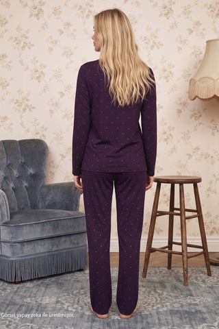 Siyah İnci Mor Desenli Düğmeli Dantelli Viskon Örme Pijama Takım 26224681