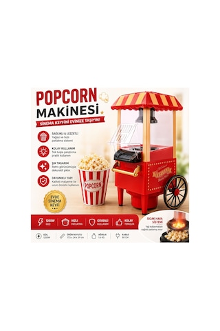 Tmp01 Retro Mısır Patlatma Makinesi Yağsız Ev Tipi Popcorn Makinesi 1200w Kırmızı Sinema Arabası Tasarımlı