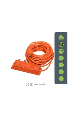 Bylion 3way Serisi Ip44 Seyyar Uzatma Kablosu 10 Metre 3g2,5mm² Türk Malı, Yüksek Darbe Dayanımı, Ev/ofis , Dış Mekan, Turuncu Kablo