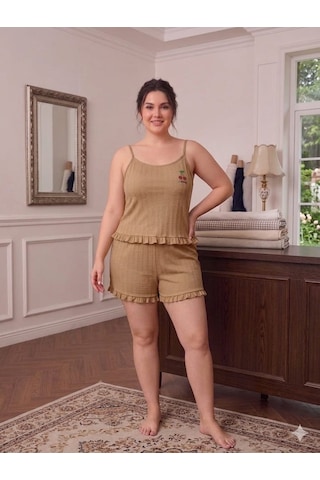 Büyük Beden Askılı Şortlu Likralı Pamuklu Kumaş Pijama Takım Kahverengi
