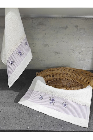 %100 Pamuk & Nakışlı Havlu Takımı - 2'li Dantelli Havlu Seti - 40x60 Cm Lila Lila