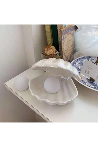 Yeiuyi7 Yaratıcı Kabuk Seramik Gece Lambası Yatak Odası Başucu İnci Gece Lambası Beyaz