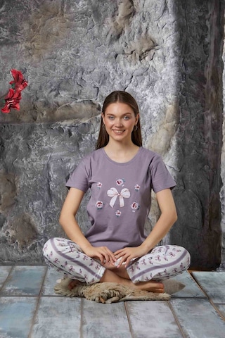 Lukitus Desenli Likralı Kısa Kol Kadın Pijama Takımı Mor