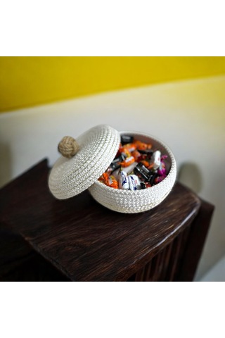 Hasır Sepet, Kapaklı Dekoratif Sepet, Çok Amaçlı Kutu, Ekru Şekerlik Sepeti