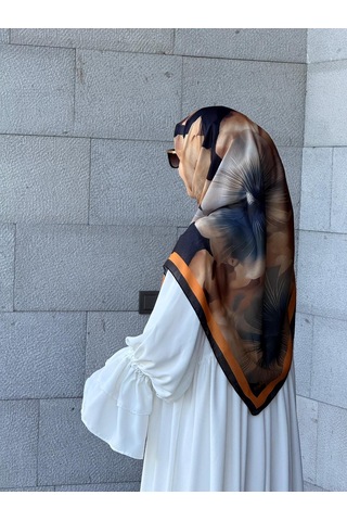 Qalortex Scarf Pamuklu Flora Desen Eşarp-siyah/gold Siyah-Gold