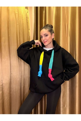 Ali Butik Renkli Kordon Detaylı Siyah Sweatshirt Siyah