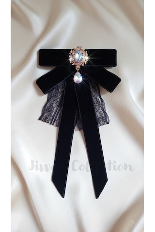 Siyah Kadife Kadın Fiyonk Broş. Parlayan Rhinestone Sallantılı Detaylı Fiyonk Broş .boyun Kravat Çok Renkli