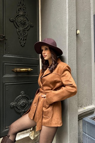 Myloore Kadın Taba Süet Kemerli Blazer Ceket Mlb104