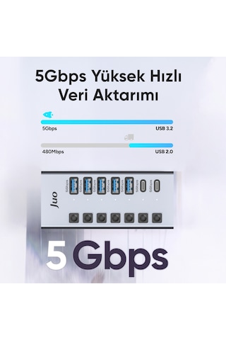 Juo Usb-a 7 Portlu Anahtarlı 5 Usb-a 2 Type-c 5gbps Usb 3.1 Çoklayıcı Dönüştürücü Hub