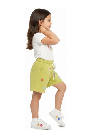 Toontoy Kids Toontoy Kız Çocuk 2'li Şortlu Takım Bisiklet Yaka Kısa Kollu Baskılı Tişört Beli Bağlamalı Baskılı Şort 25034 Yeşil