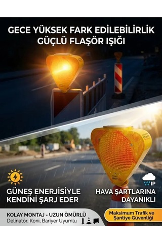 Güneş Enerjili Solar Flaşörlü Trafik Ve Şantiye Uyarı Lambası - Koni Uyumlu Sarı
