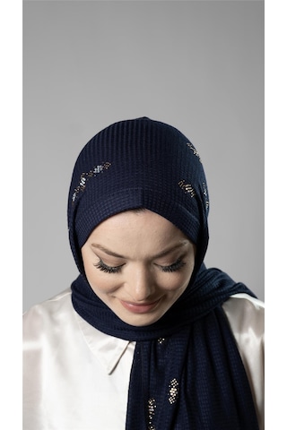 Hürrem Bone Lacivert Pratik Hazır Geçmeli Tesettür Şal Örme Kumaş Taşlı Çiçek Desenli 2118c 02