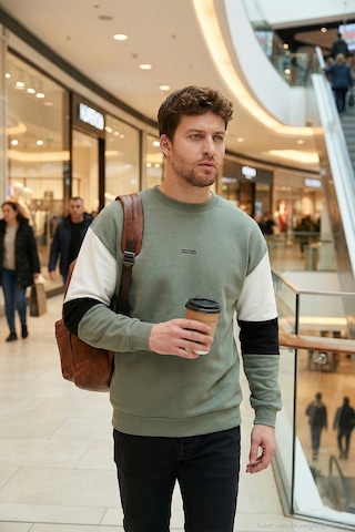 Buratti Pamuklu Relaxed Fit Bisiklet Yaka Şardonlu Renk Bloklu Erkek Sweat 5905298T Haki