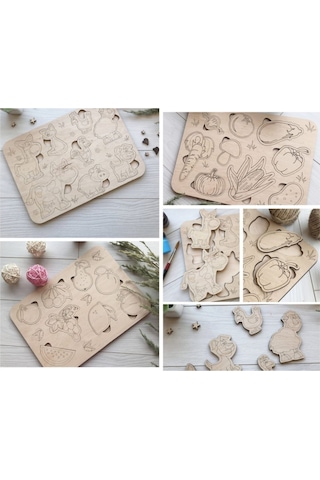 Montessori Boyanabilir 3'lü Puzzle Seti Hayvanlar Meyveler Ve Sebzeler Doğal Ahşap