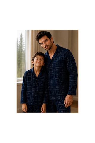 Free Beka Ekose Desenli Baba Oğul Uzun Kollu Gömlek Yaka Düğmeli Erkek Pijama Takımı Lacivert