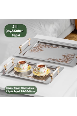 Porsima Yüzük 2li Paslanmaz Çelik Gümüş Kahve Sunum Tepsisi