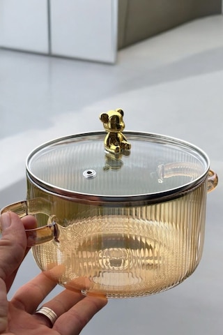 Morponi Borosilikat Cam Amber Gold Detaylı Ayıcıklı Tencere 1700 Ml Gold