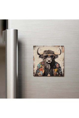 Musk Ox - Misk Öküzü - Güneş Gözlüklü Style - Buzdolap Magneti - 9x9 Cm