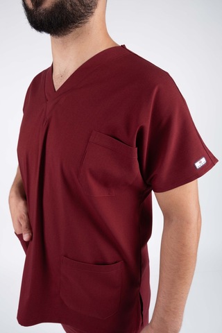 Bordo Likralı Erkek Hemşire Ve Doktor Forması Takımı Scrubs Hastane Üniforması