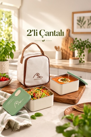 Porsima Bl25229 Isı Yalıtımlı Çanta Paslanmaz Çelik 2 Parça Vakumlu Yemek Termosu Beslenme Kutusu Taşınabilir Lunch Box Sefer Tası Krem