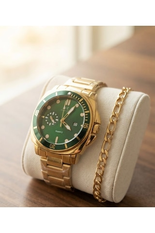 Erkek Bezel Kol Saati Bileklik Hediyeli Yeşil Kadran Takvimli Çelik Kordon Quartz Analog Saat Frn09