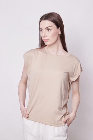 Jument Şık Likralı Span Kumaş Kolsuz Geniş Sıfır Yaka Düşük Omuzlu Basic Tshirt Bluz-koyu Bej K.bej