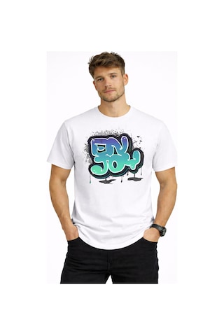 Herkesemoda Enjoy Yazı Detaylı Basic Erkek T-shirt Beyaz