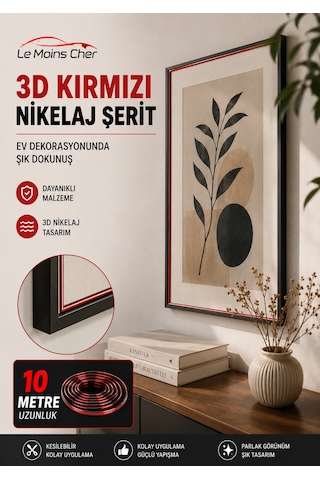 3d Kırmızı Nikelaj Şerit 10 Metre Raf Masa Dolap Dekoratif Çıtası
