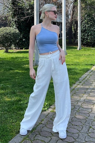 Madmext Beyaz Geniş Paça Kadın Pantolon Mg1982 Beyaz
