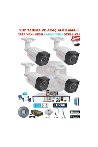 4 Kameralı 5 Mp Yüz ve Araç Algılamalı  Güvenlik Kamerası Sistemi