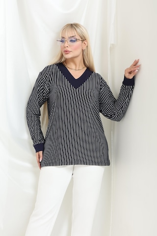 Bambu Viskon V Yaka Uzun Kollu Bluz Rahat Kalıp, Büyük Beden Xl 6xl Lacivert