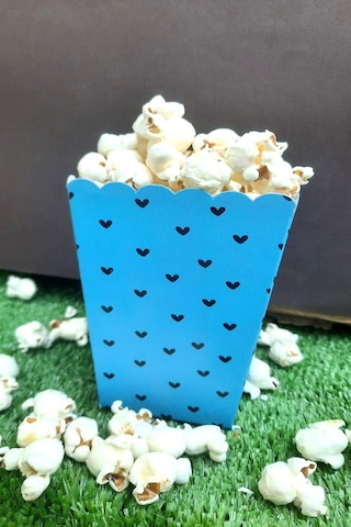 8'li Mavi Kalpli Mısır Kutusu - Popcorn Kutusu - Doğum Günü İkram Hediye - Orta Boy Standart