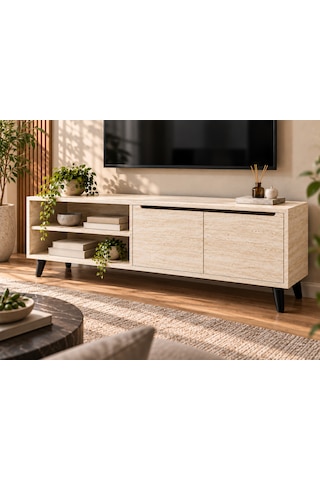 Tivora Modern Tv Ünitesi - Salon Tv Sehpası - Traverten 135 Cm