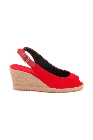 Star Tombis Gerçek Elişi Burnu Açık Arkası Bantlı Dolgu Topuk Kırmızı Keten Hasır Espadril Handmade Kırmızı