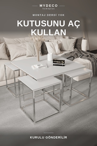 OTTOWA 5 PARÇA GOLD ZİGON SEHPA TAKIMI — BEYAZ MDF