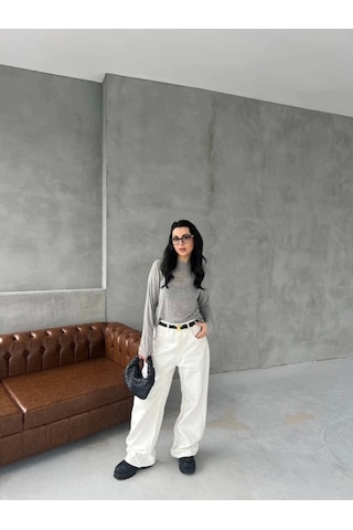 Defymoda Bisiklet Yaka Uzun Kollu Crop - Gri Gri