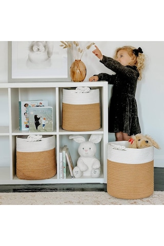 Mavaux Chang Örgü Saplı 3'lü Saplı Sepet, Düzenleyici 3'lü Sepet, Hasır Dokuma Sepet 30cm X 30cm Jütbeyaz