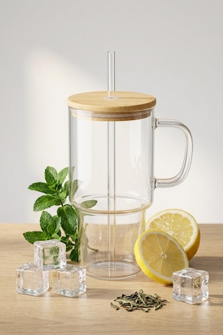 Porsima 4571 Isıya Dayanıklı Borosilikat Cam Pipetli Bambu Kapaklı Bardak 800ml Bambu - Şeffaf