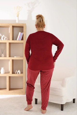 Pijamoni Kadın Büyük Beden Yumuşak Kadife Vişne Pijama Takımı Vişne