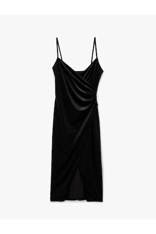 Koton Simli İp Askılı Drapeli Kruvaze Yaka Midi Slip Kadife Abiye Elbise Siyah 6wak80005fk Siyah