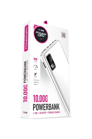 Powerway TX109 10.000 mAh Kablolu Dijital Göstergeli Dahili Stand Powerbank Beyaz