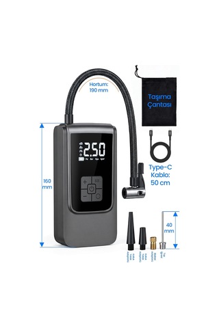 Dijital Ekranlı Şarjlı Araç Hava Kompresörü Ledli Powerbank Lastik Top Yatak Şişirme Pompası 150psi Diğer